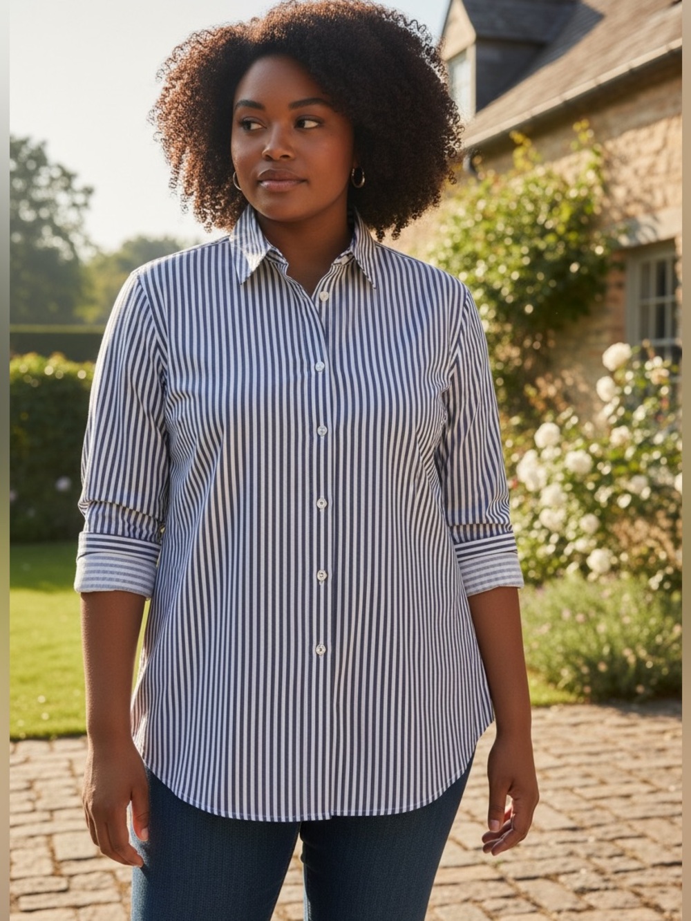 CJ Banks Navy and White Striped Button-Down Shirt size 2x